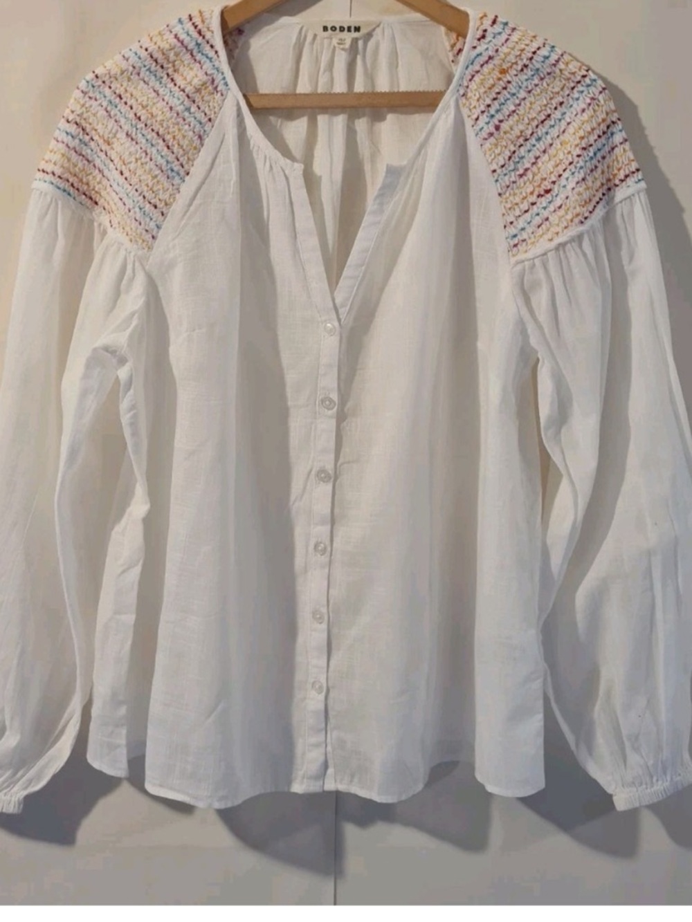 Boden White Cotton Smocked Shoulder Blouse with Pastel Accents - Picture 3 of 3